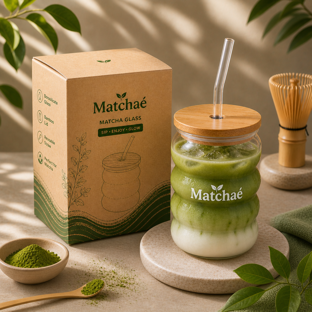 Matcha Glass Sip Tumbler Set | Bamboo Lid & Glass Straw | 450ml